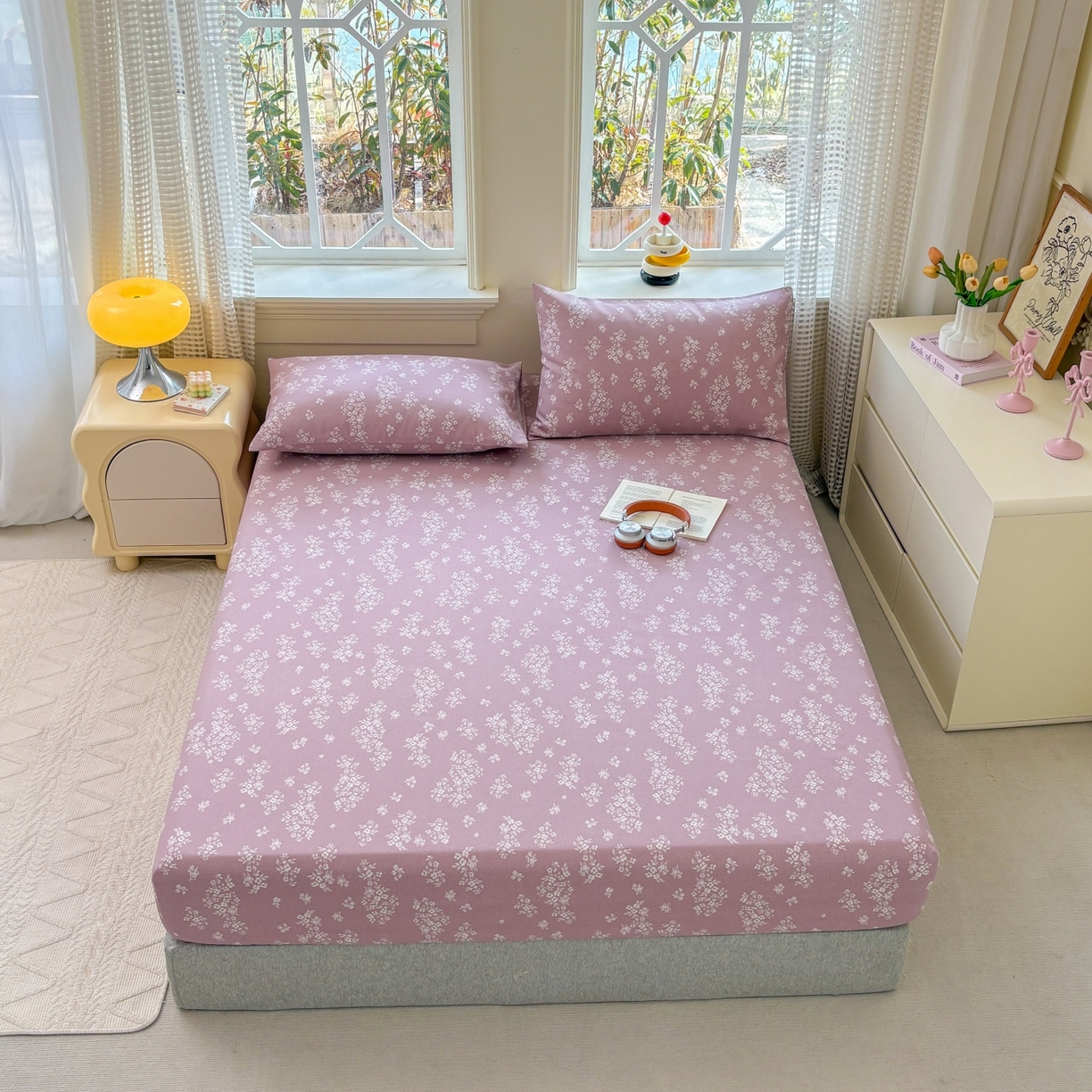 91家纺网 家纺一手货源 找家纺 青泽家纺 2025新款原棉老粗布床笠系列 如梦紫