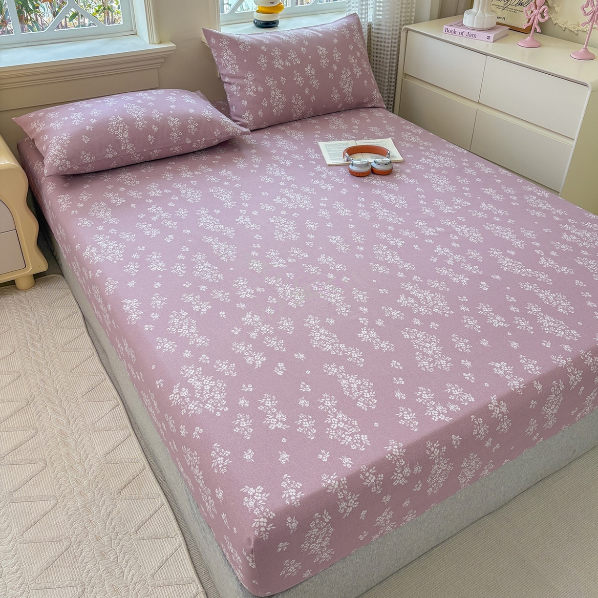 91家纺网 家纺一手货源 找家纺 青泽家纺 2025新款原棉老粗布床笠系列 如梦紫