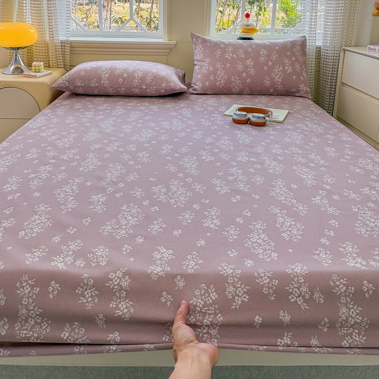 91家纺网 家纺一手货源 找家纺 青泽家纺 2025新款原棉老粗布床笠系列 如梦紫