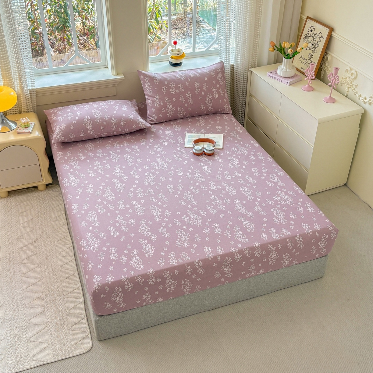 91家纺网 家纺一手货源 找家纺 青泽家纺 2025新款原棉老粗布床笠系列 如梦紫