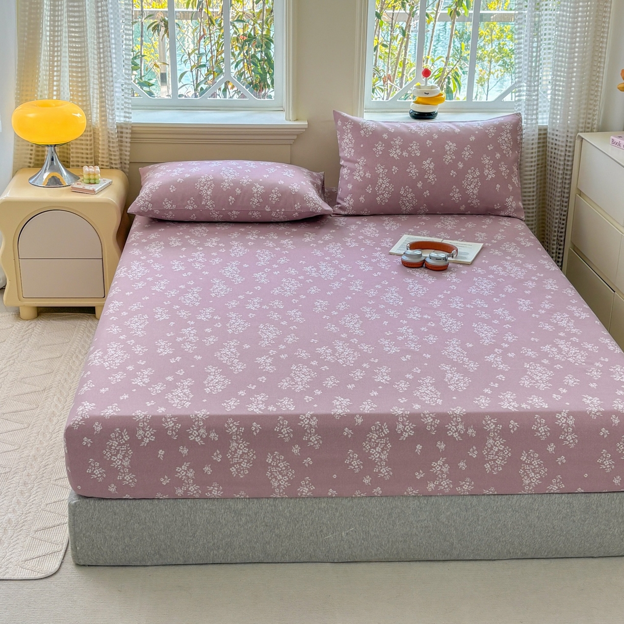 91家纺网 家纺一手货源 找家纺 青泽家纺 2025新款原棉老粗布床笠系列 如梦紫