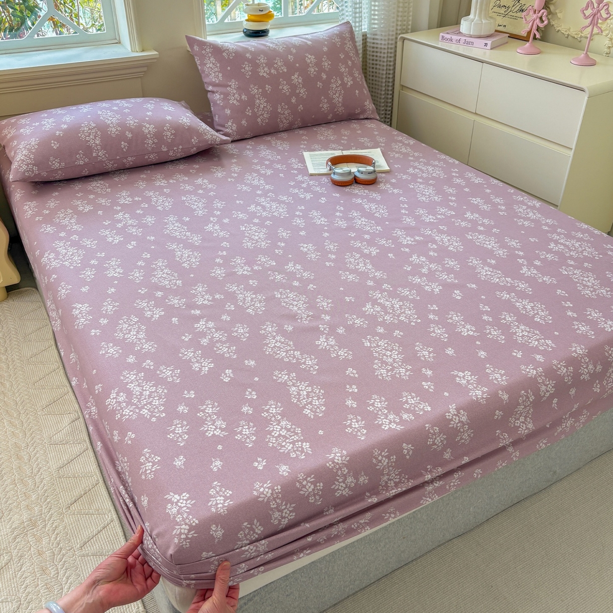 91家纺网 家纺一手货源 找家纺 青泽家纺 2025新款原棉老粗布床笠系列 如梦紫