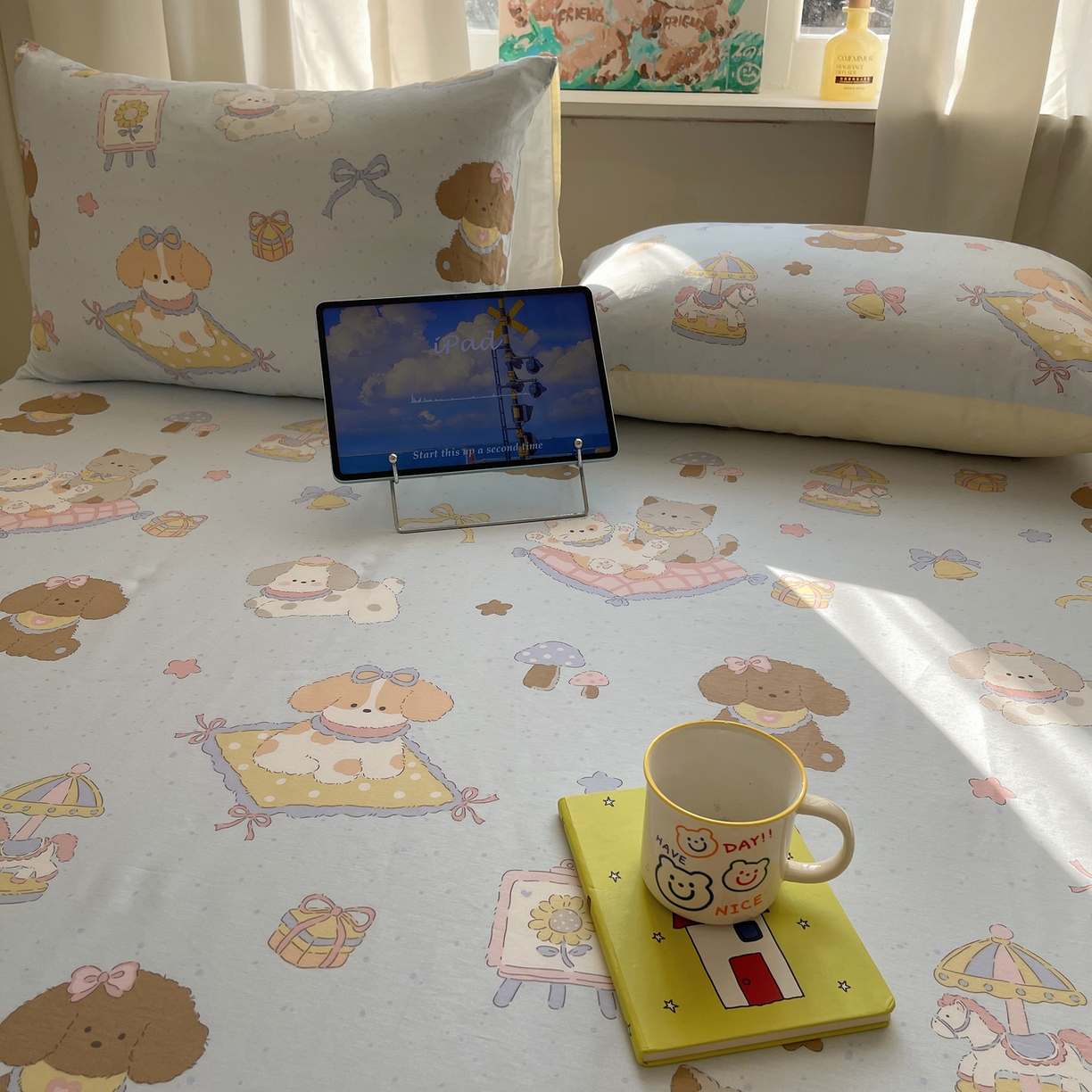 91家纺网 家纺一手货源 找家纺 六巷胡同 2026新款40支全棉13070INS卡通全棉单品床单 猫狗游园会