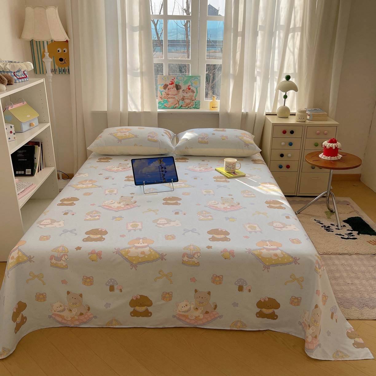 91家纺网 家纺一手货源 找家纺 六巷胡同 2026新款40支全棉13070INS卡通全棉单品床单 猫狗游园会