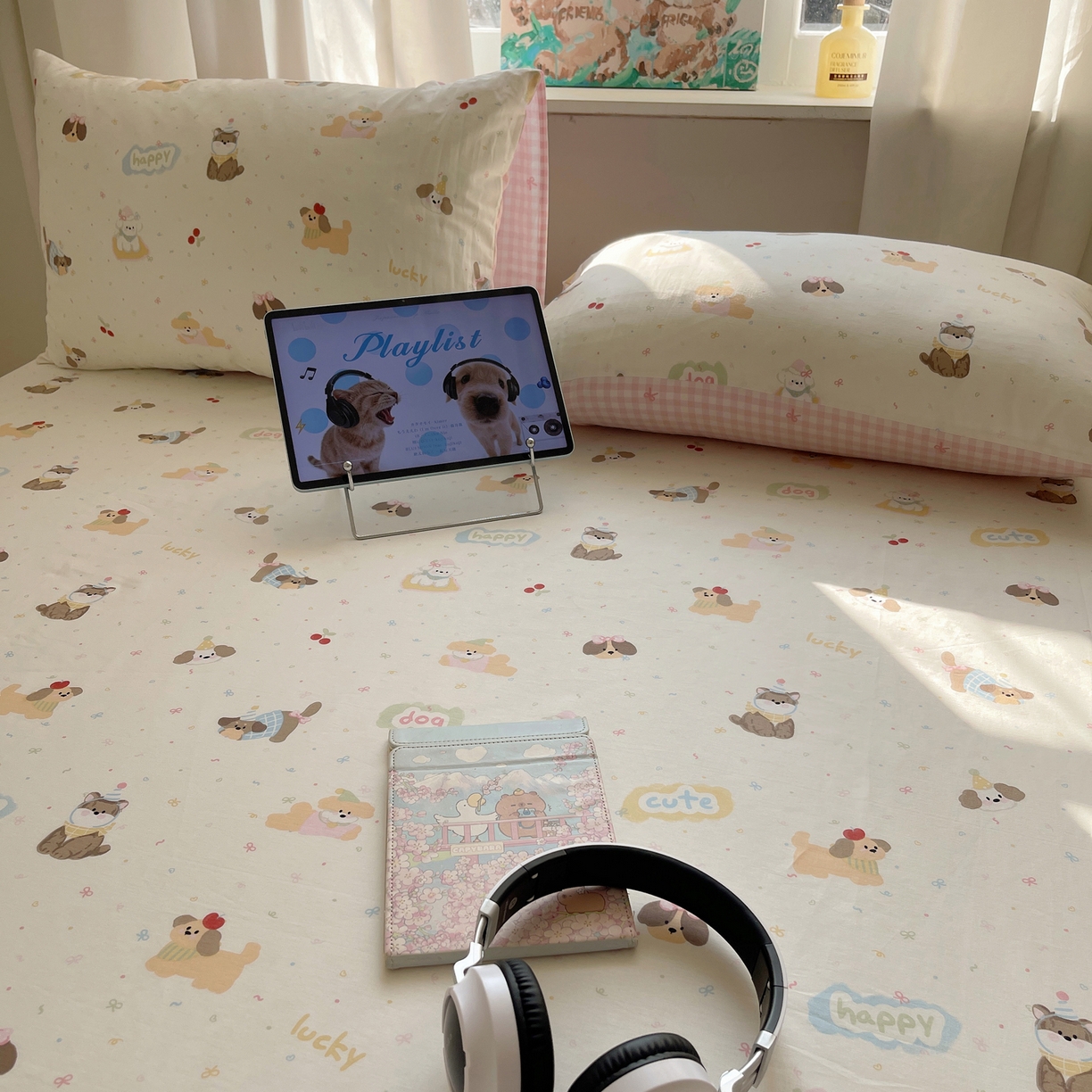 91家纺网 家纺一手货源 找家纺 六巷胡同 2026新款40支全棉13070INS卡通全棉单品床单 汪星人派对