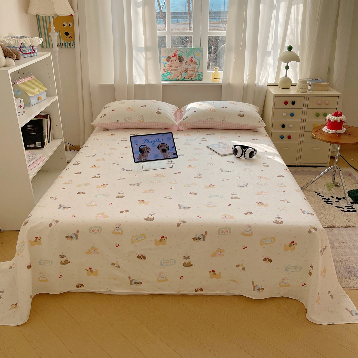 91家纺网 家纺一手货源 找家纺 六巷胡同 2026新款40支全棉13070INS卡通全棉单品床单 汪星人派对