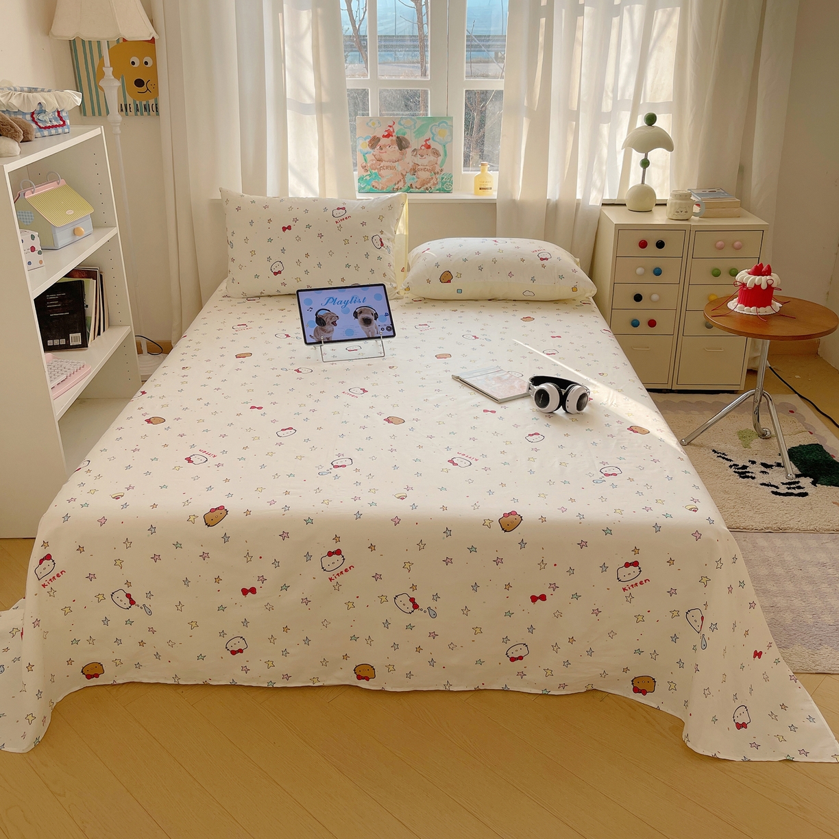 91家纺网 家纺一手货源 找家纺 六巷胡同 2026新款40支全棉13070INS卡通全棉单品床单 星星萝莉猫