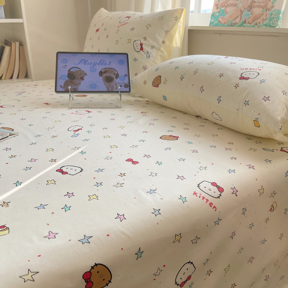 91家纺网 家纺一手货源 找家纺 六巷胡同 2026新款40支全棉13070INS卡通全棉单品床单 星星萝莉猫