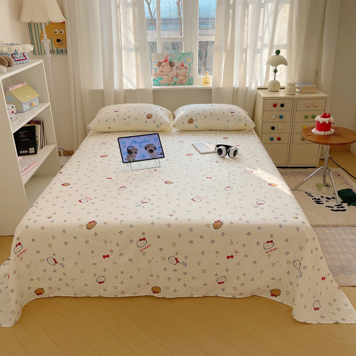 91家纺网 家纺一手货源 找家纺 六巷胡同 2026新款40支全棉13070INS卡通全棉单品床单 星星萝莉猫