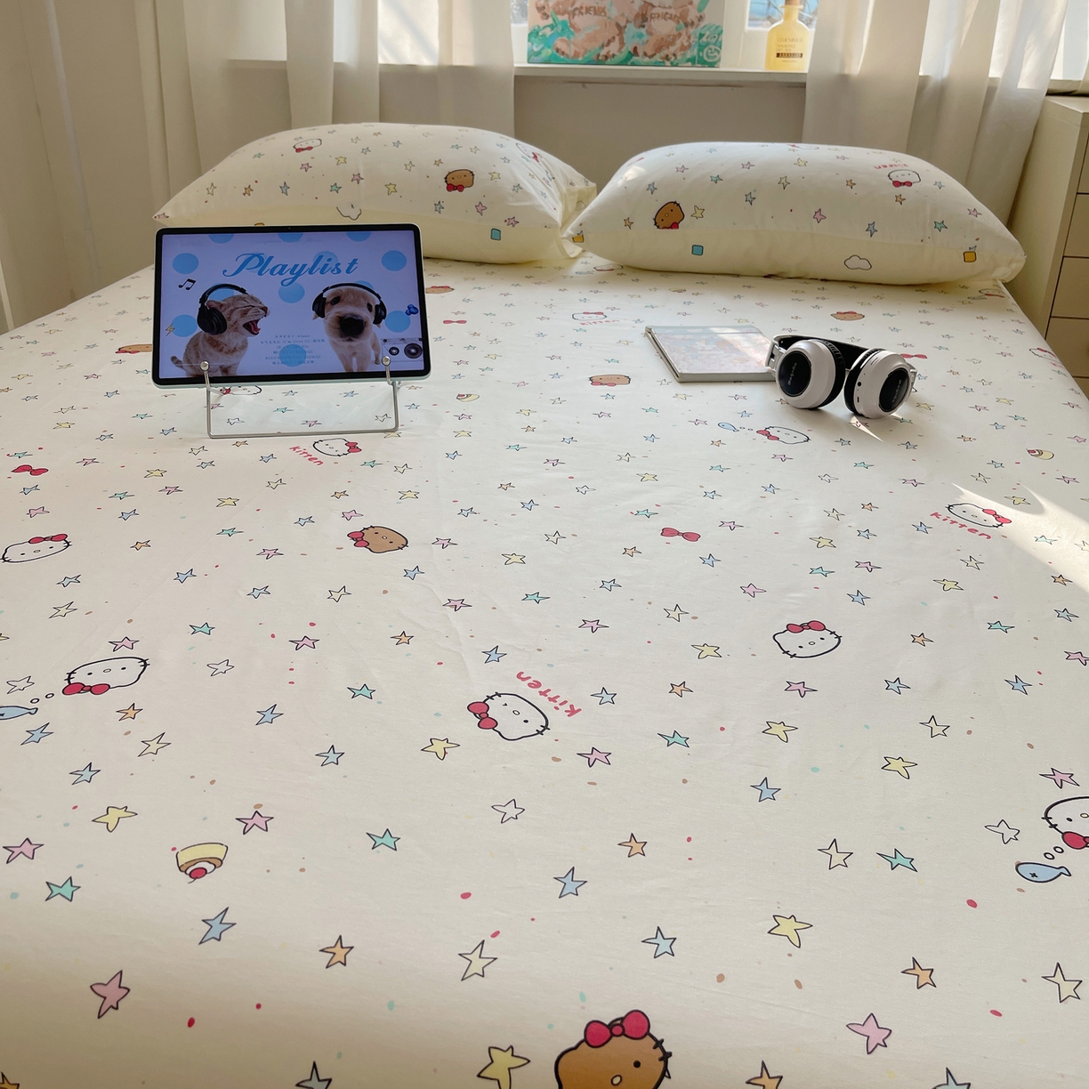 91家纺网 家纺一手货源 找家纺 六巷胡同 2026新款40支全棉13070INS卡通全棉单品床单 星星萝莉猫