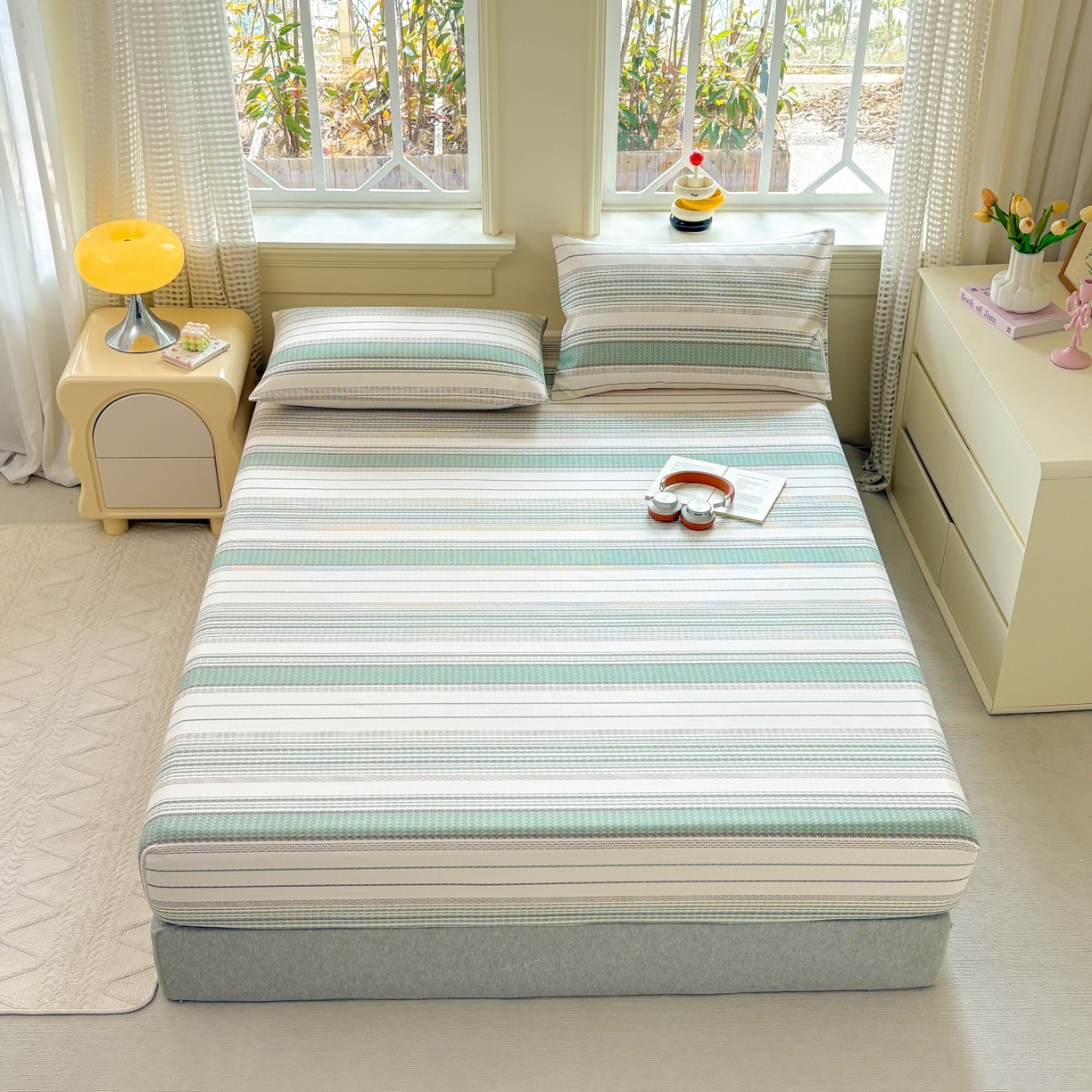 91家纺网 家纺一手货源 找家纺 青泽家纺 2025新款原棉老粗布床笠系列 时光蓝条