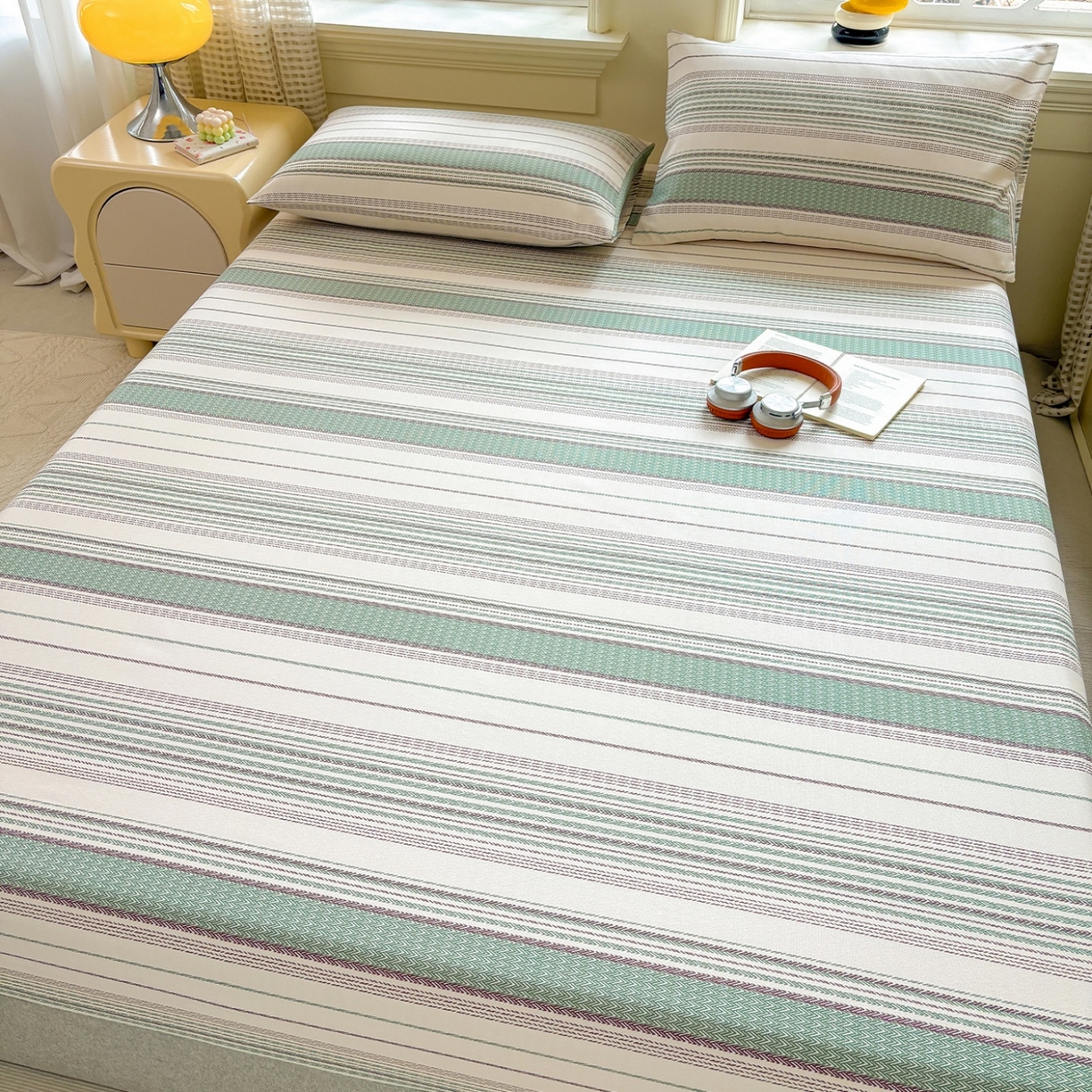 91家纺网 家纺一手货源 找家纺 青泽家纺 2025新款原棉老粗布床笠系列 时光蓝条