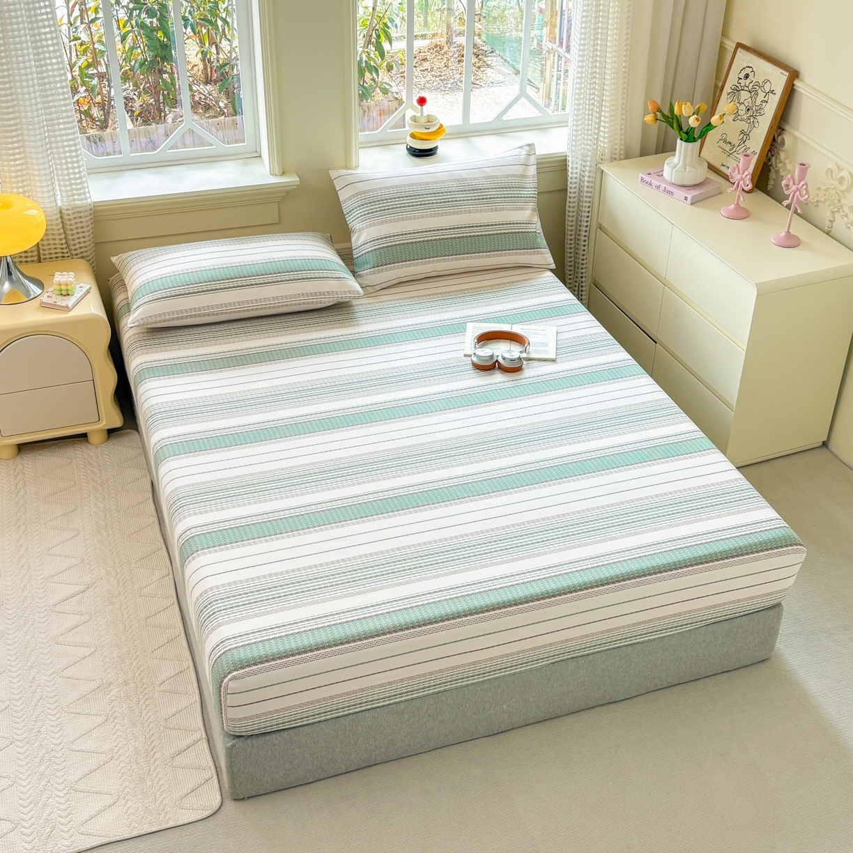 91家纺网 家纺一手货源 找家纺 青泽家纺 2025新款原棉老粗布床笠系列 时光蓝条