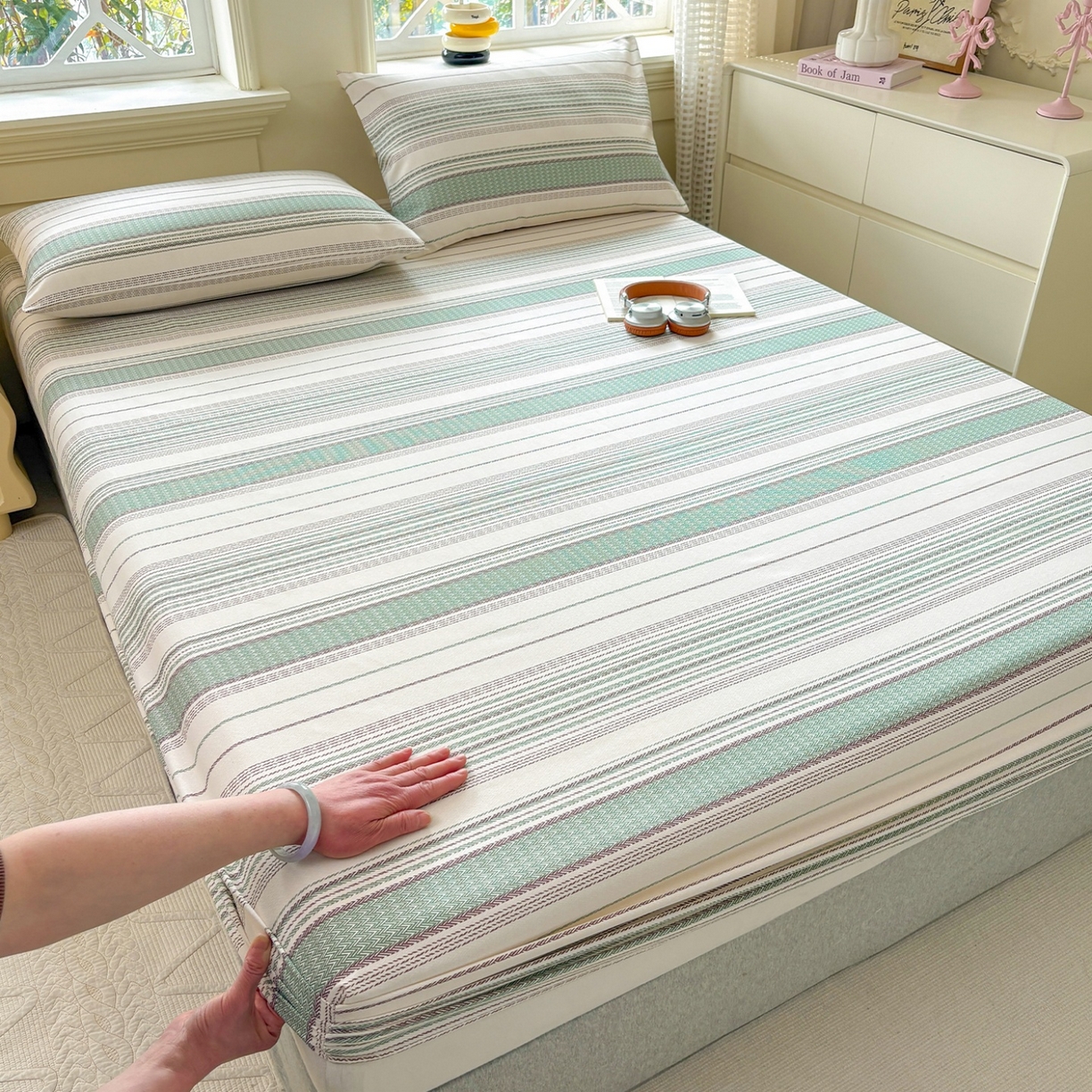 91家纺网 家纺一手货源 找家纺 青泽家纺 2025新款原棉老粗布床笠系列 时光蓝条