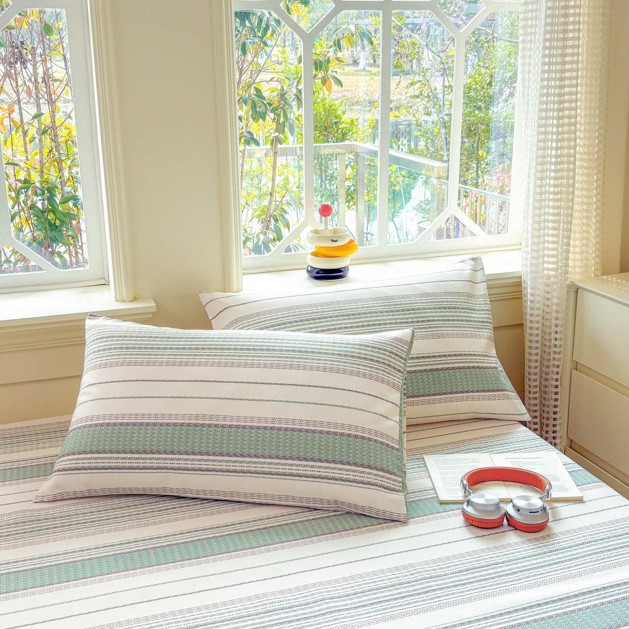 91家纺网 家纺一手货源 找家纺 青泽家纺 2025新款原棉老粗布床笠系列 时光蓝条