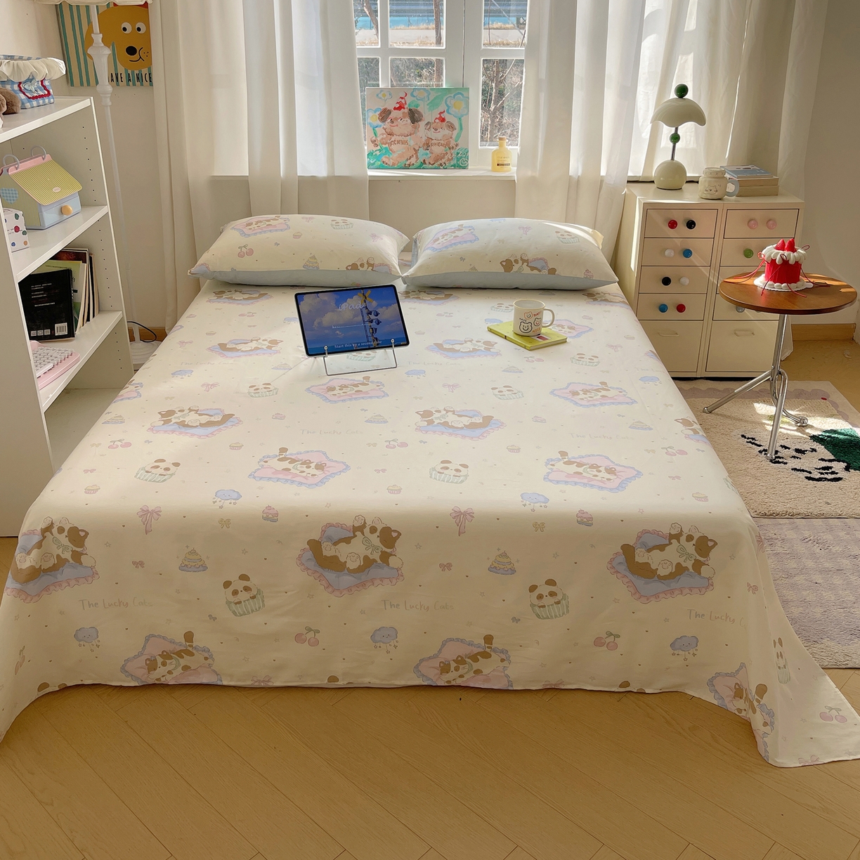 91家纺网 家纺一手货源 找家纺 六巷胡同 2026新款40支全棉13070INS卡通全棉单品床单 慵懒猫咪崽