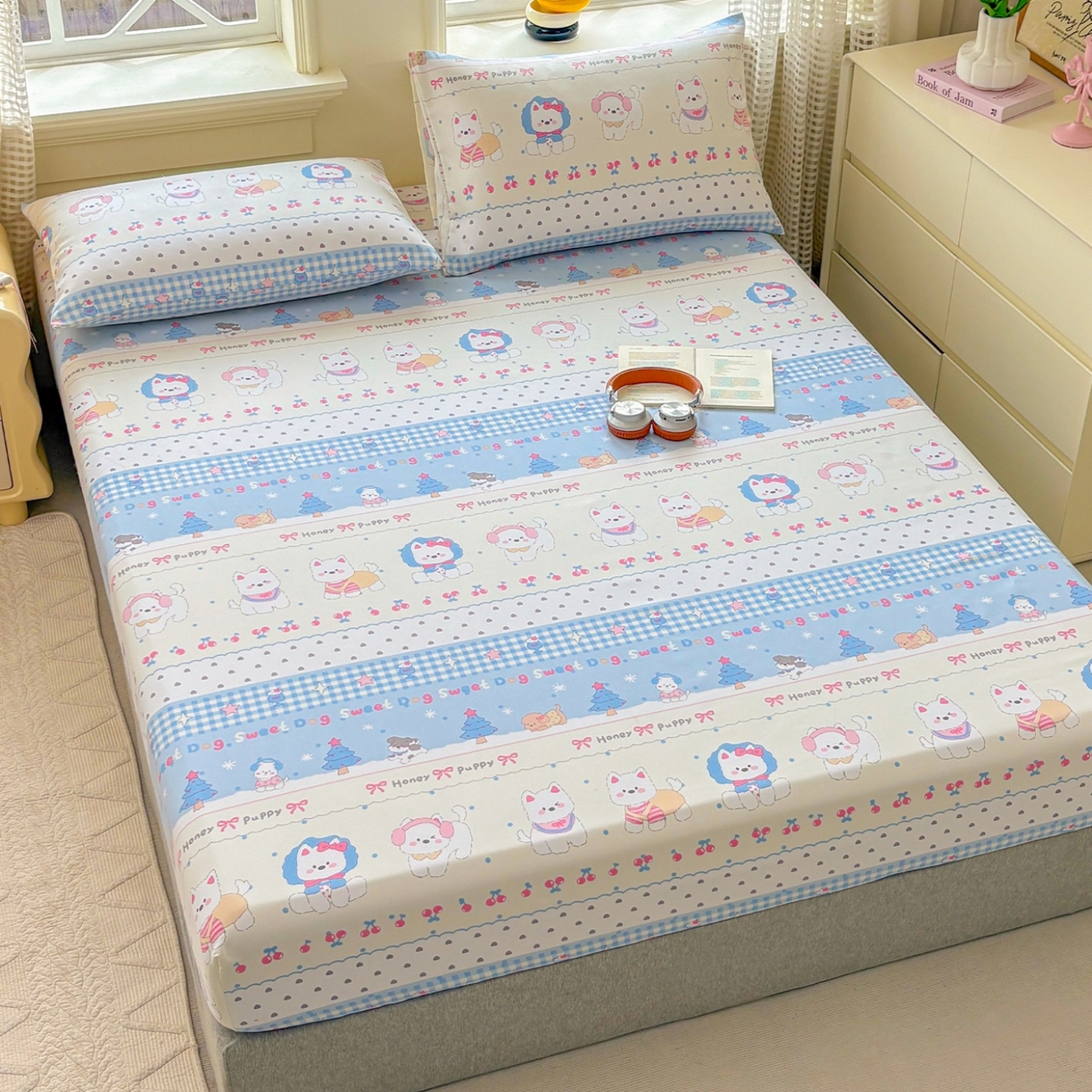 91家纺网 家纺一手货源 找家纺 青泽家纺 2025新款原棉老粗布床笠系列 甜心小狗