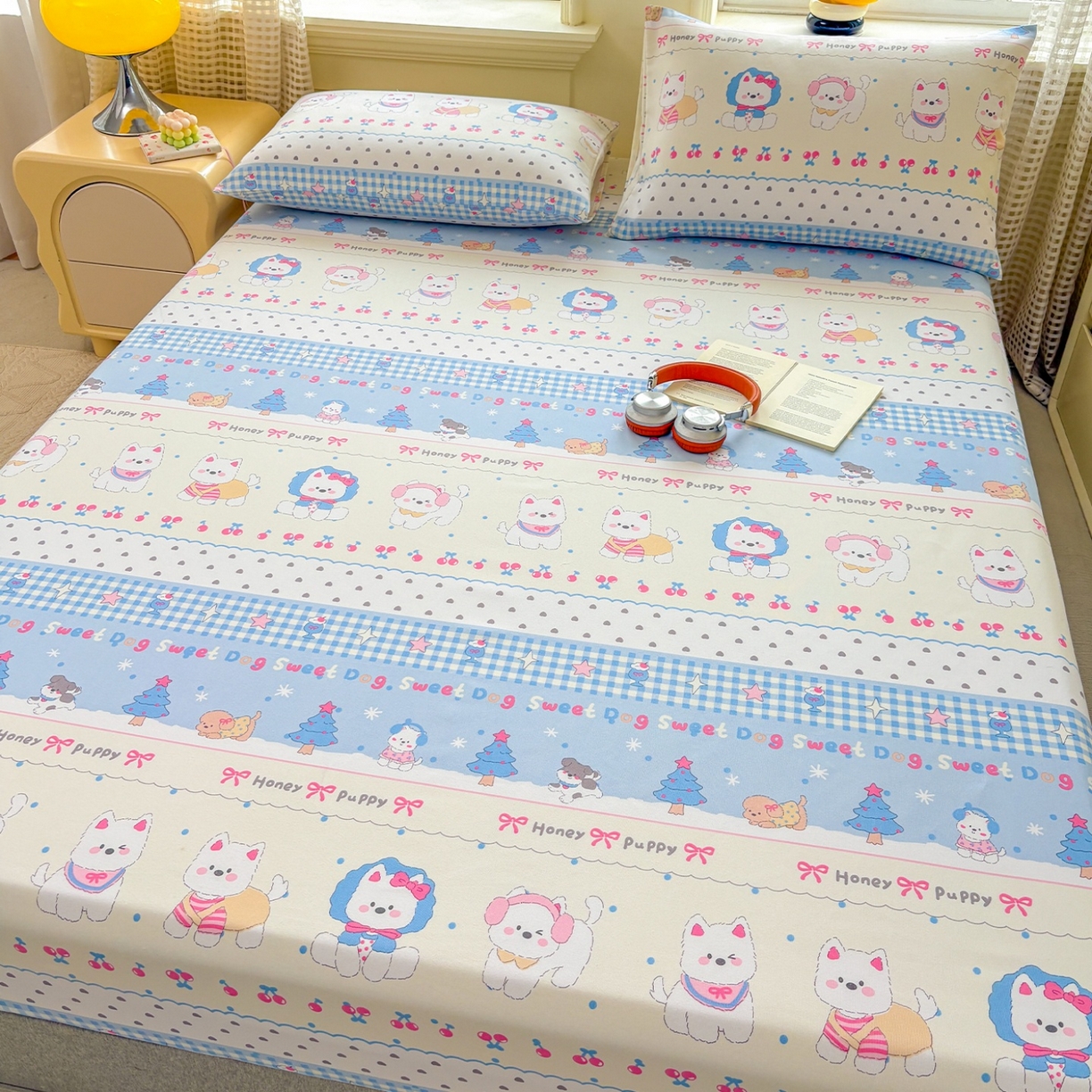 91家纺网 家纺一手货源 找家纺 青泽家纺 2025新款原棉老粗布床笠系列 甜心小狗