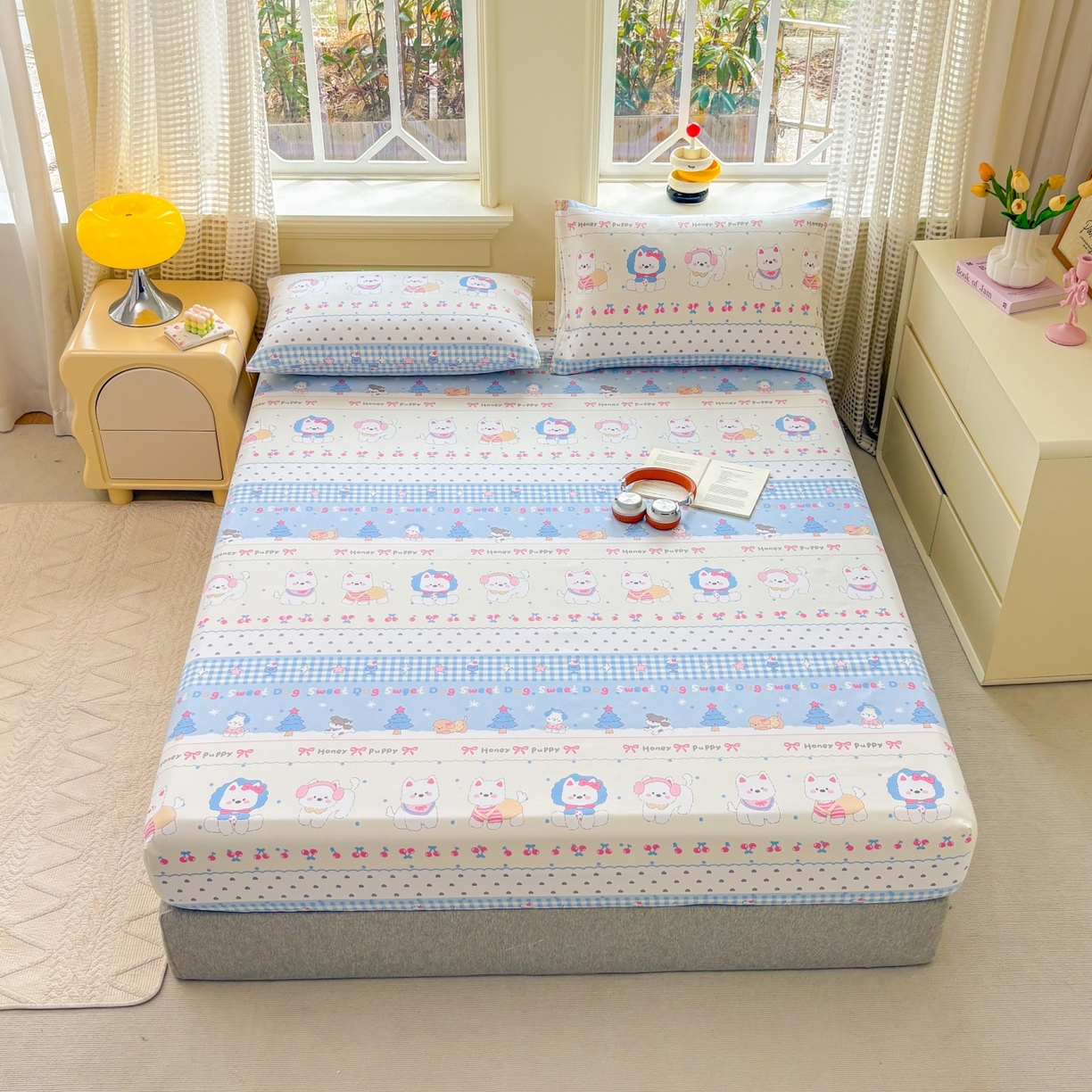 91家纺网 家纺一手货源 找家纺 青泽家纺 2025新款原棉老粗布床笠系列 甜心小狗