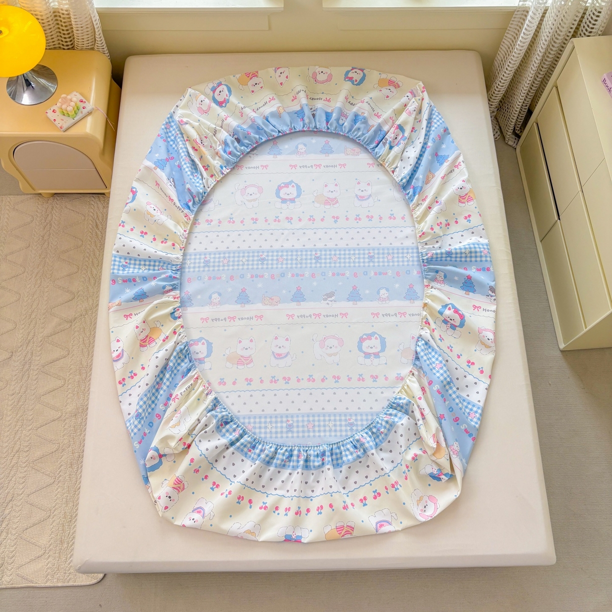 91家纺网 家纺一手货源 找家纺 青泽家纺 2025新款原棉老粗布床笠系列 甜心小狗