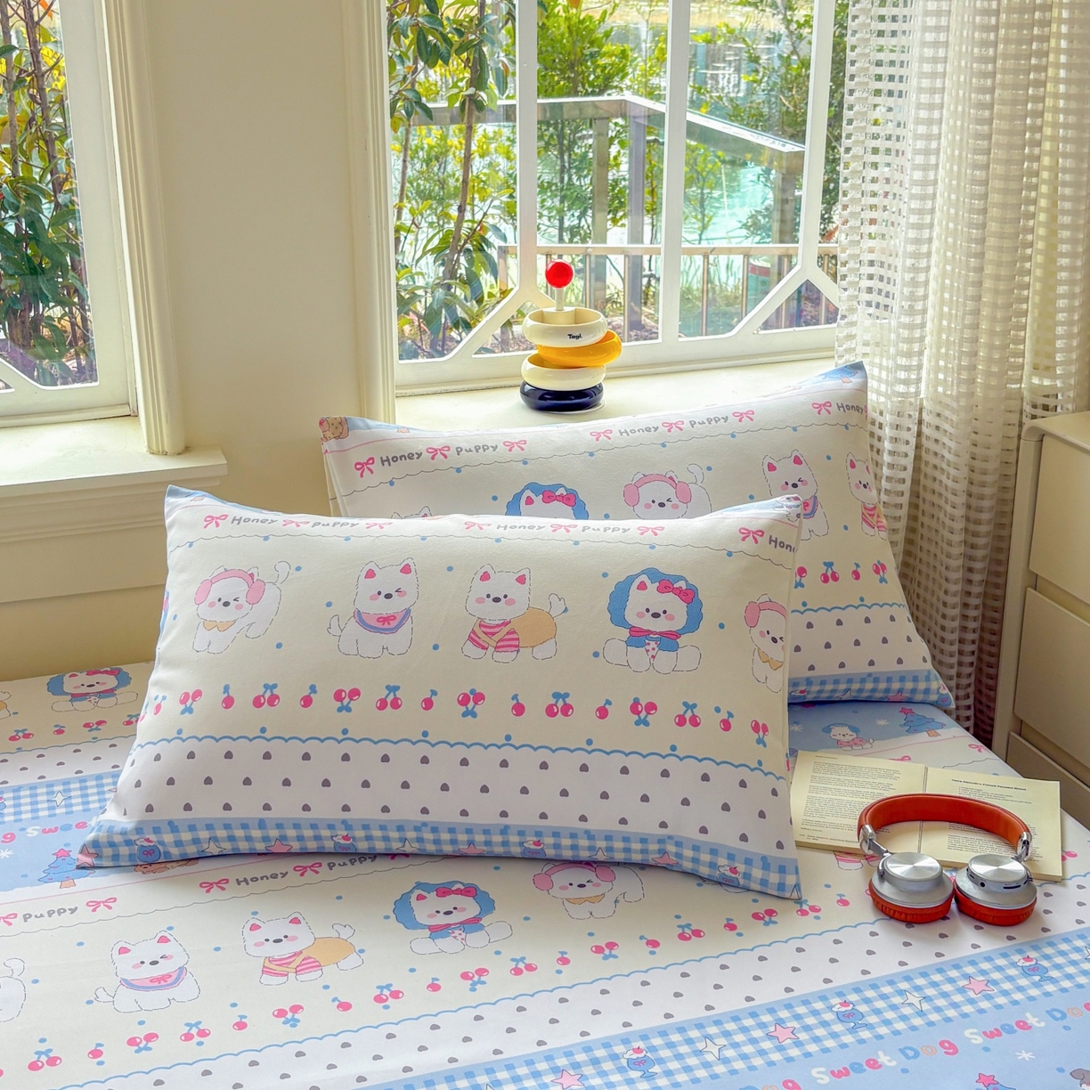 91家纺网 家纺一手货源 找家纺 青泽家纺 2025新款原棉老粗布床笠系列 甜心小狗