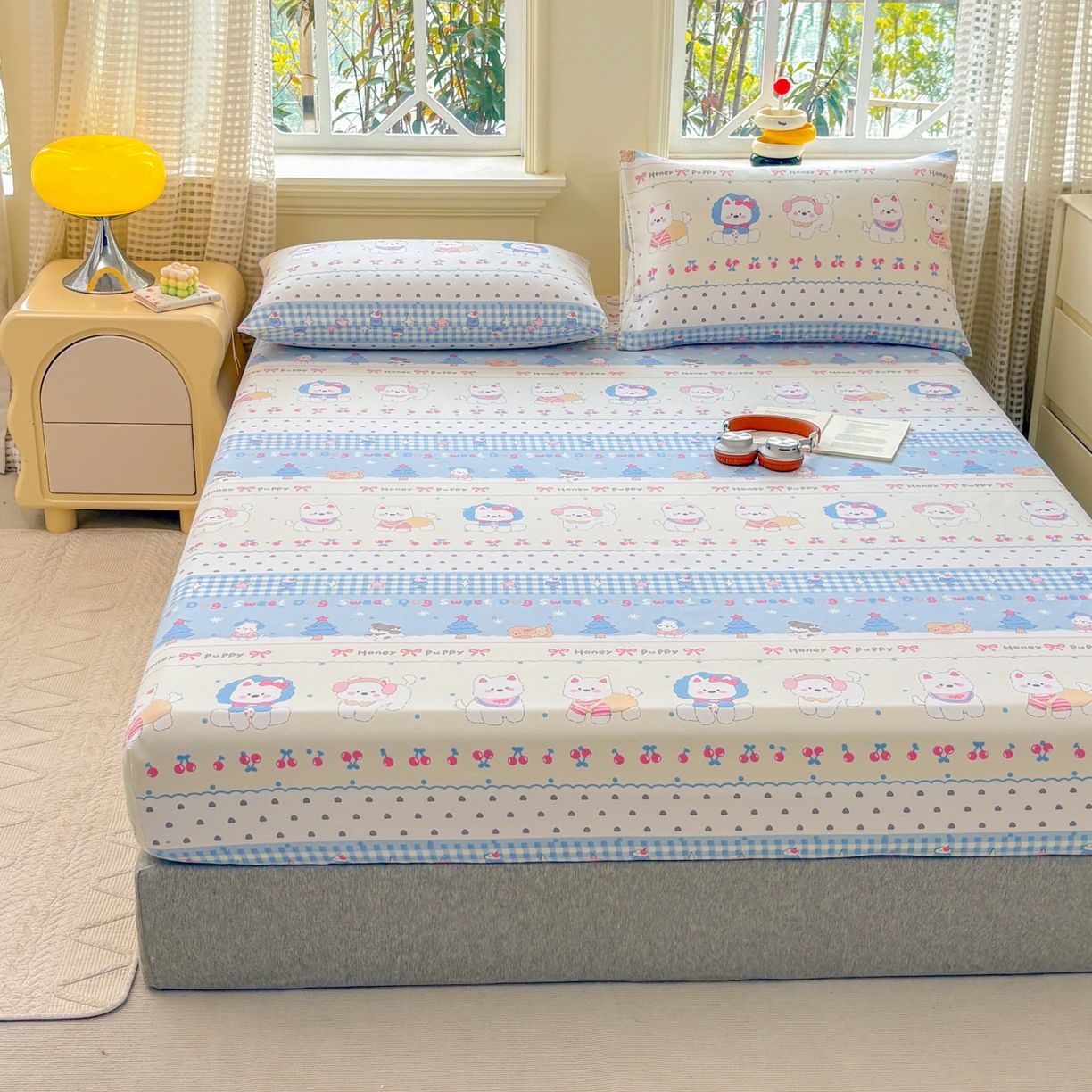 91家纺网 家纺一手货源 找家纺 青泽家纺 2025新款原棉老粗布床笠系列 甜心小狗