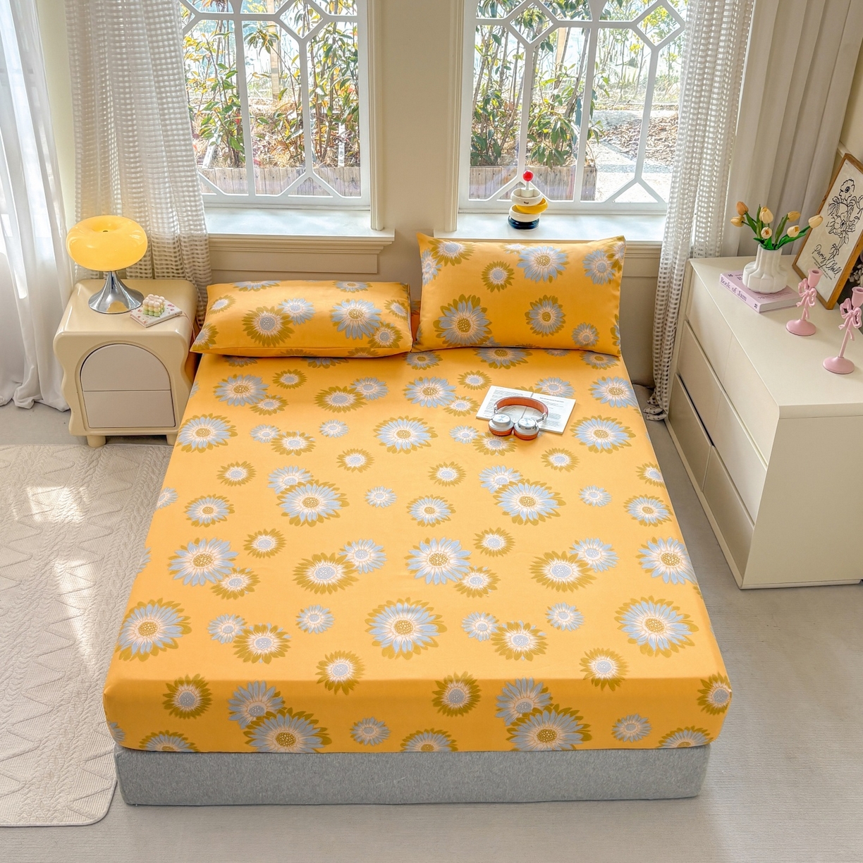 91家纺网 家纺一手货源 找家纺 青泽家纺 2025新款原棉老粗布床笠系列 向阳花