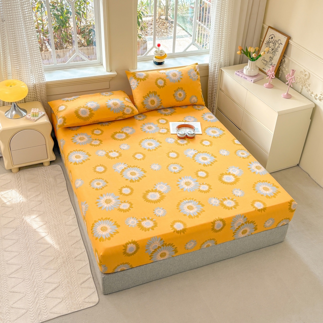 91家纺网 家纺一手货源 找家纺 青泽家纺 2025新款原棉老粗布床笠系列 向阳花