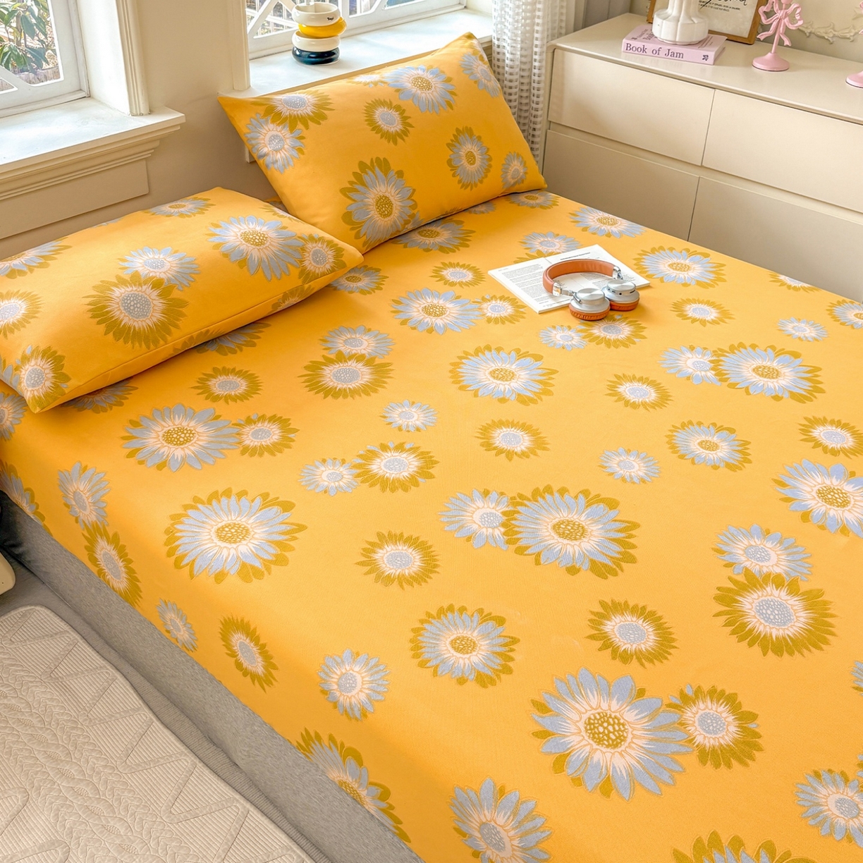 91家纺网 家纺一手货源 找家纺 青泽家纺 2025新款原棉老粗布床笠系列 向阳花