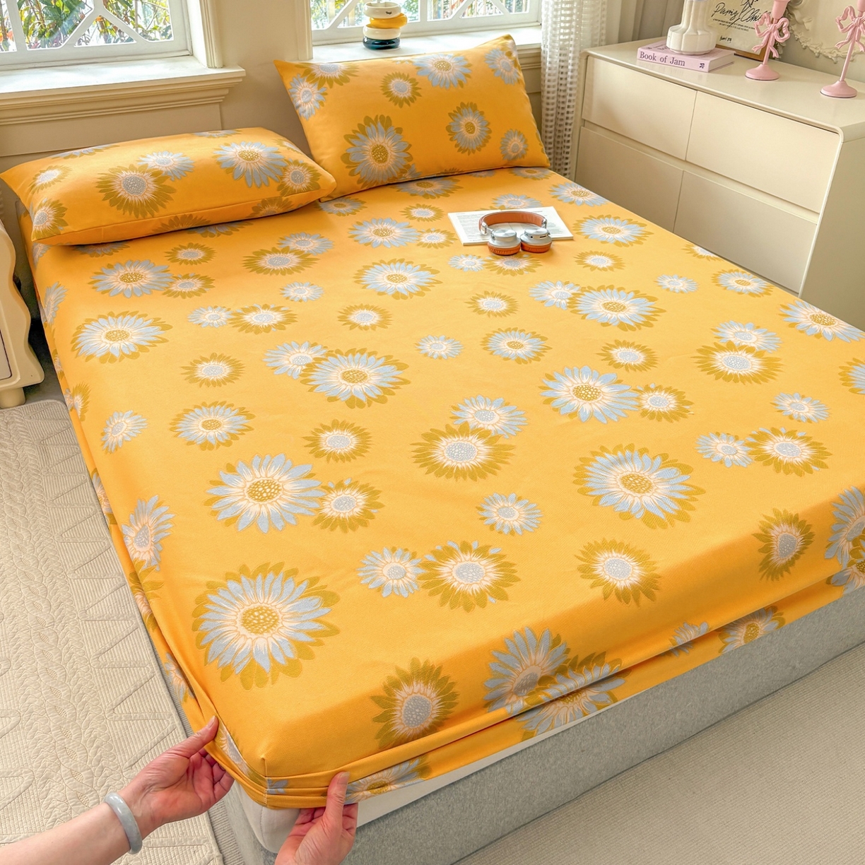 91家纺网 家纺一手货源 找家纺 青泽家纺 2025新款原棉老粗布床笠系列 向阳花