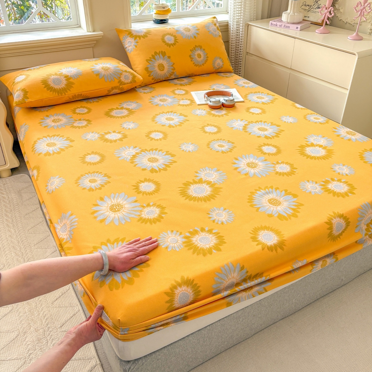 91家纺网 家纺一手货源 找家纺 青泽家纺 2025新款原棉老粗布床笠系列 向阳花