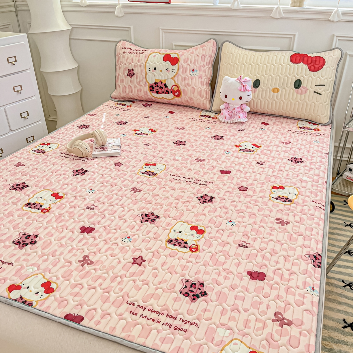 摩妮卡 2026新款数码大版小清新乳胶凉席床席款三件套-场景一 趣巧小猫咪-粉