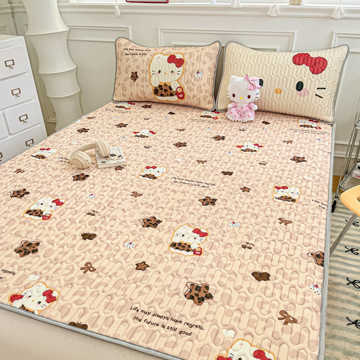 摩妮卡 2026新款数码大版小清新乳胶凉席床席款三件套-场景一 趣巧小猫咪-咖