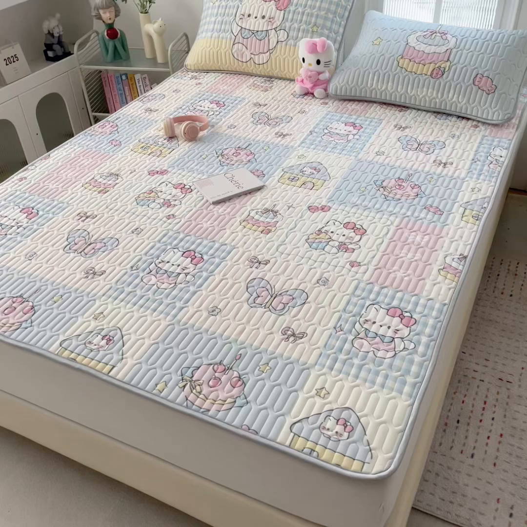 91家纺网 家纺一手货源 找家纺 摩妮卡 2026新款数码大版小清新乳胶凉席床席款三件套-场景一 甜蜜邂逅