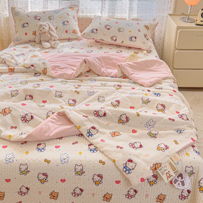 贝扬思家纺 2026新款云感双层纱7A抗菌夏被四件套系列-栀夏系列 栀夏-像素小猫