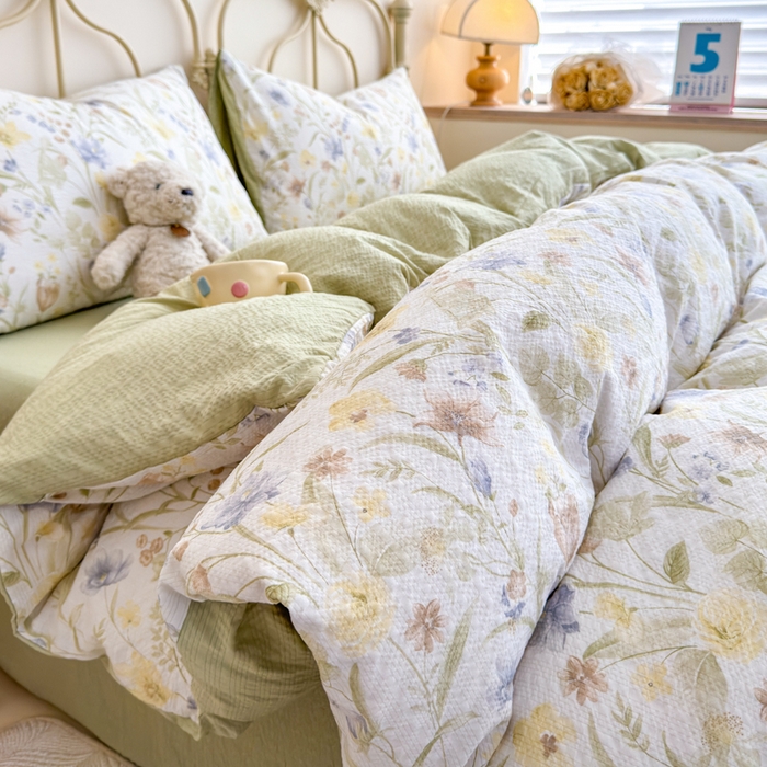 91家纺网 家纺一手货源 找家纺 （总）梦舒阳家纺 新款泡芙棉双层纱四件套皱皱纱四季款泡芙纱四件套现货充足