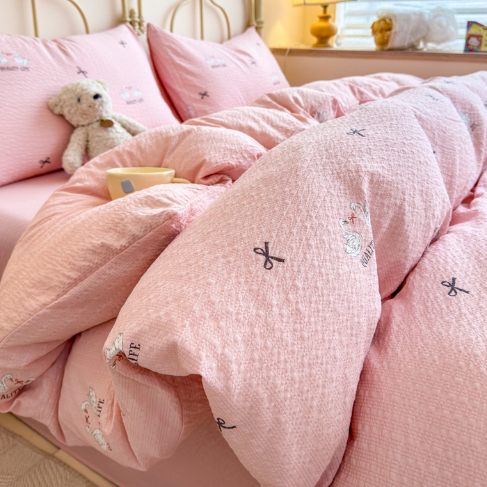 91家纺网 家纺一手货源 找家纺 （总）梦舒阳家纺 新款泡芙棉双层纱四件套皱皱纱四季款泡芙纱四件套现货充足