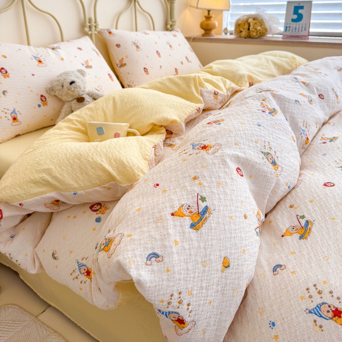 91家纺网 家纺一手货源 找家纺 （总）梦舒阳家纺 新款泡芙棉双层纱四件套皱皱纱四季款泡芙纱四件套现货充足