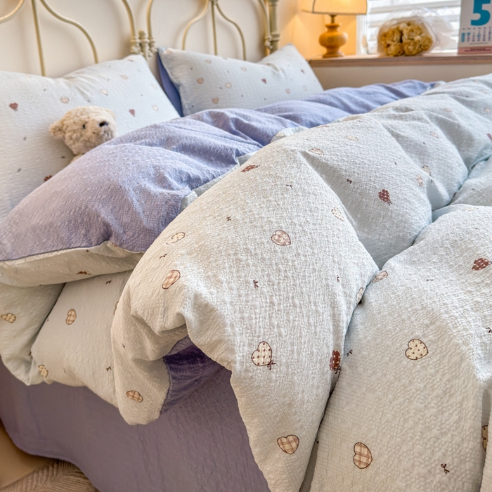 91家纺网 家纺一手货源 找家纺 （总）梦舒阳家纺 新款泡芙棉双层纱四件套皱皱纱四季款泡芙纱四件套现货充足