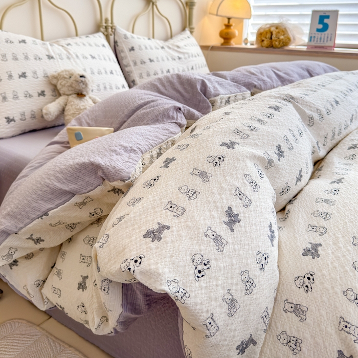 梦舒阳家纺 新款泡芙棉双层纱四件套皱皱纱四季款泡芙纱四件套现货充足 斑点狗