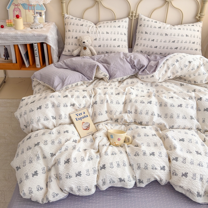 91家纺网 家纺一手货源 找家纺 梦舒阳家纺 新款泡芙棉双层纱四件套皱皱纱四季款泡芙纱四件套现货充足 斑点狗