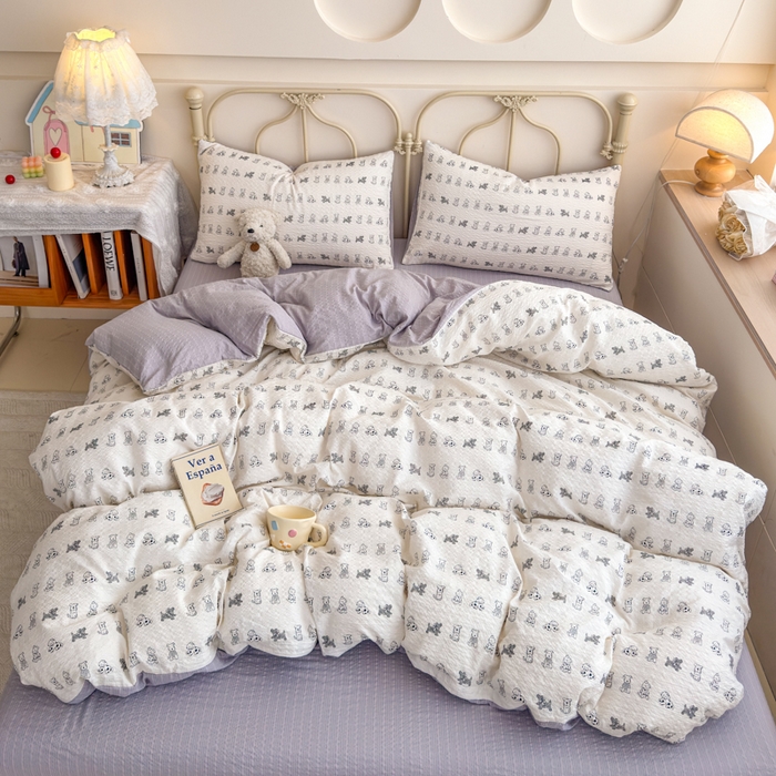 91家纺网 家纺一手货源 找家纺 梦舒阳家纺 新款泡芙棉双层纱四件套皱皱纱四季款泡芙纱四件套现货充足 斑点狗