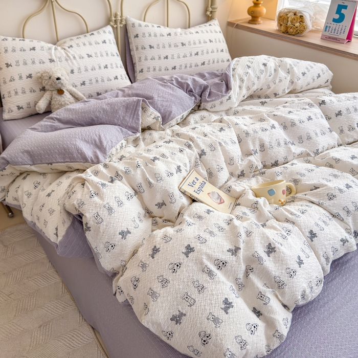 91家纺网 家纺一手货源 找家纺 梦舒阳家纺 新款泡芙棉双层纱四件套皱皱纱四季款泡芙纱四件套现货充足 斑点狗