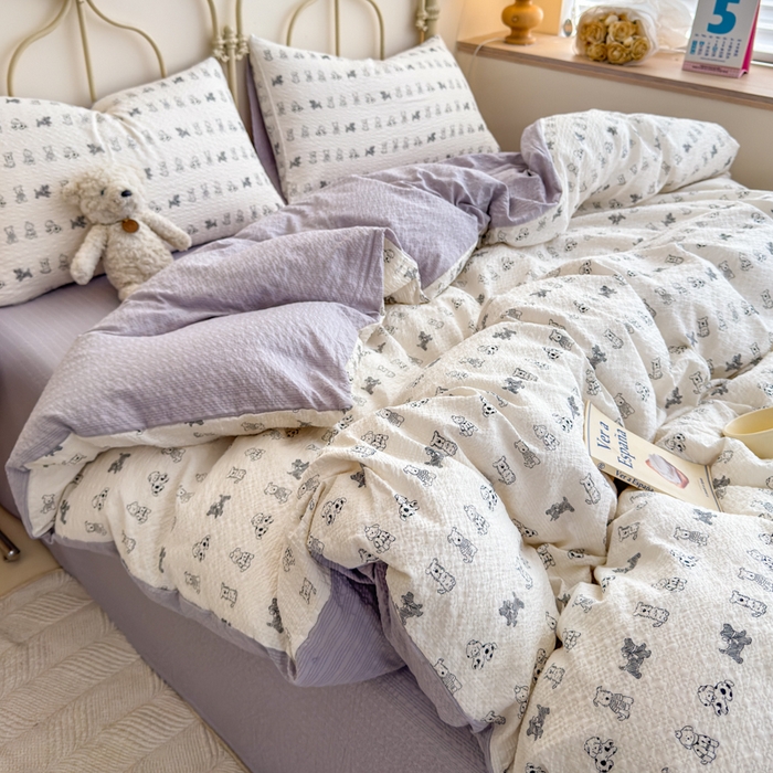 91家纺网 家纺一手货源 找家纺 梦舒阳家纺 新款泡芙棉双层纱四件套皱皱纱四季款泡芙纱四件套现货充足 斑点狗