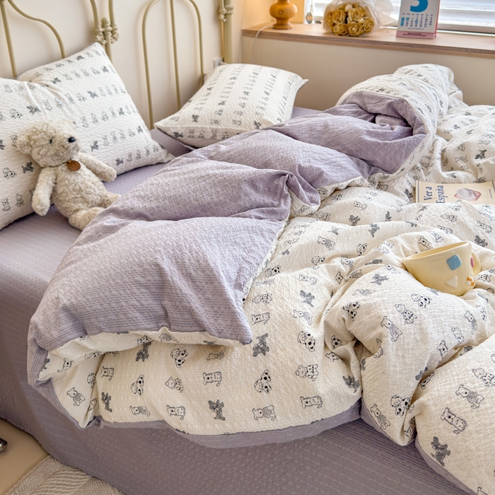 91家纺网 家纺一手货源 找家纺 梦舒阳家纺 新款泡芙棉双层纱四件套皱皱纱四季款泡芙纱四件套现货充足 斑点狗