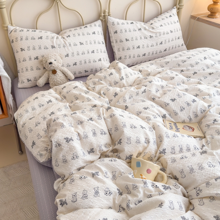 91家纺网 家纺一手货源 找家纺 梦舒阳家纺 新款泡芙棉双层纱四件套皱皱纱四季款泡芙纱四件套现货充足 斑点狗