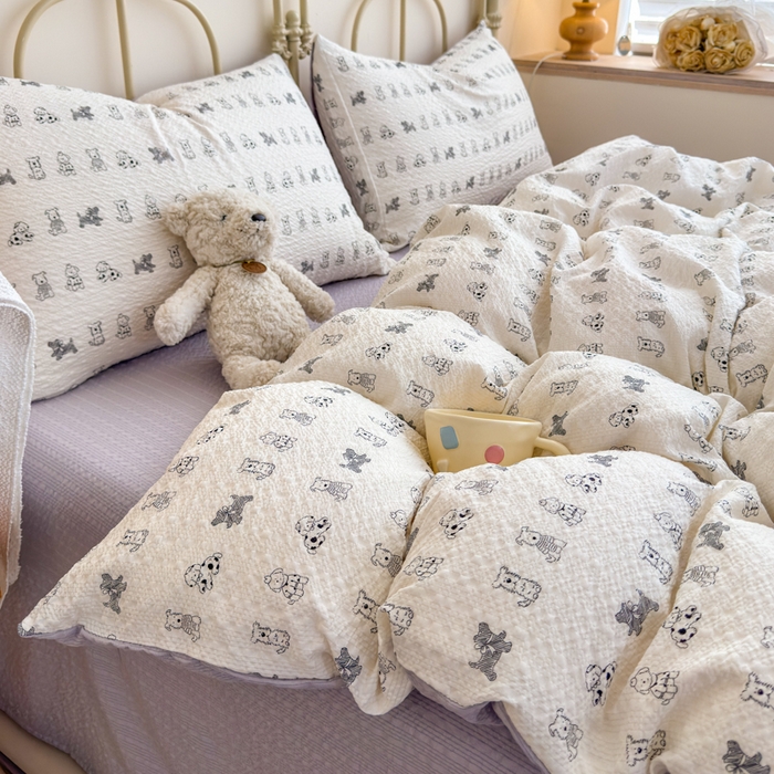 91家纺网 家纺一手货源 找家纺 梦舒阳家纺 新款泡芙棉双层纱四件套皱皱纱四季款泡芙纱四件套现货充足 斑点狗