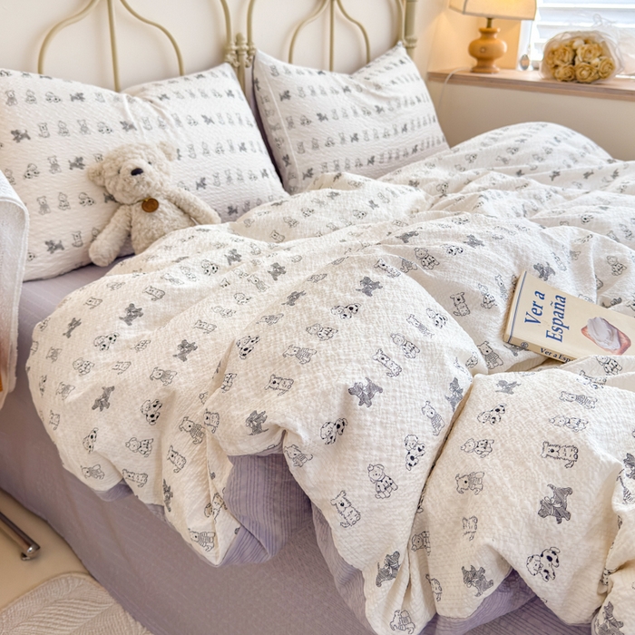 91家纺网 家纺一手货源 找家纺 梦舒阳家纺 新款泡芙棉双层纱四件套皱皱纱四季款泡芙纱四件套现货充足 斑点狗