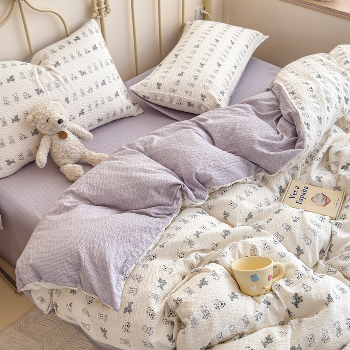 91家纺网 家纺一手货源 找家纺 梦舒阳家纺 新款泡芙棉双层纱四件套皱皱纱四季款泡芙纱四件套现货充足 斑点狗