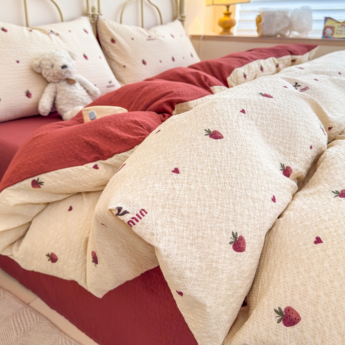 梦舒阳家纺 新款泡芙棉双层纱四件套皱皱纱四季款泡芙纱四件套现货充足 草莓心